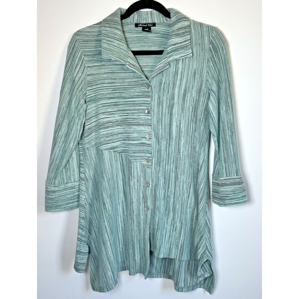 Michael Tyler‎ Womens Small Green Striped Button Front Blouse Asymmetrical Hem